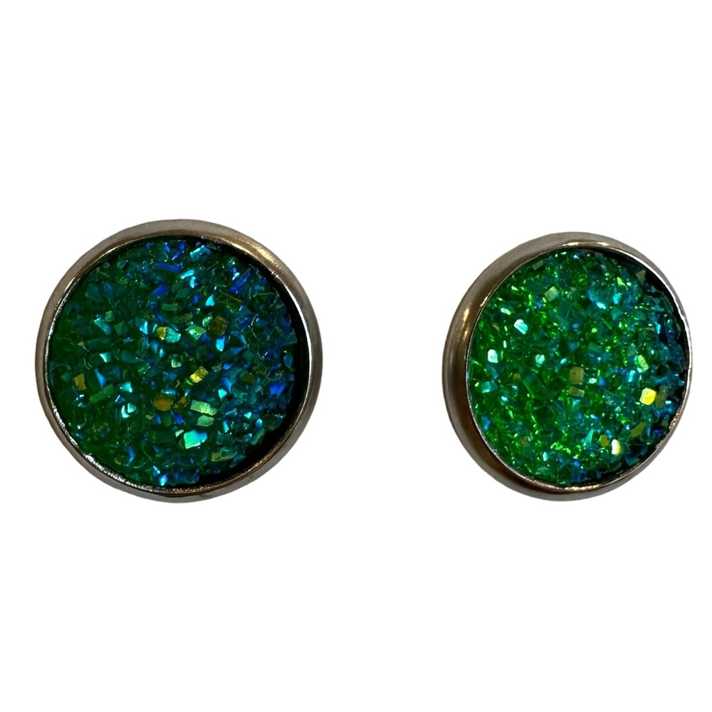 Turquoise green and blue round sparkly earrings post back smooth front